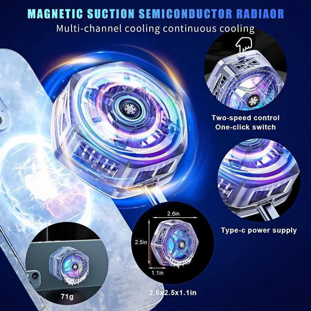 Alt view image 2 of 6 - Phone Cooler for Gaming Streaming Radiator with LED Display Semiconductor Cooling Ideal for iPhone 12-16 Compatible with MagSafe