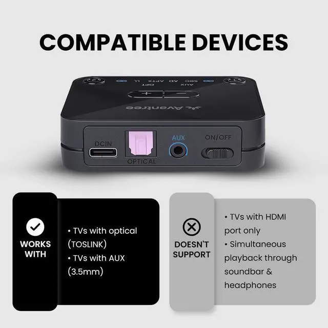 Alt view image 3 of 6 - Bluetooth 5.3 Transmitter for TV Audio via Optical & AUX Outputs Only, aptX Adaptive, Dual Headphone Connection, 100ft Range Not for HDMIOnly TVs