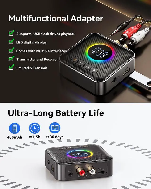 Alt view image 7 of 7 - Bluetooth 6.0 Transmitter Receiver for TV,3 in 1 Bluetooth Adapter HiFi Audio Receiver FM Transmitter for Home Stereo/Speakers/TV with LED Display,3.5mm AUX,RCA Interface,Supports USB Flash Drive