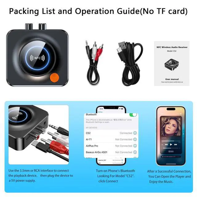 Alt view image 7 of 7 - Bluetooth Receiver for Home Stereo, NFC Quick Pair,3.5mm AUX/RCA,TF Card Slot,Wireless Bluetooth Audio Adapter Low Latency for Home Music Streaming Stereo System