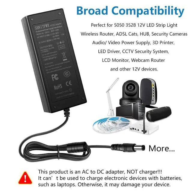 Alt view image 6 of 7 - 12V 6A AC DC Power Supply Adapter Converter 100V~240V AC to DC 12 Volt 6 Amp 72W LED Driver Transformer with 5.5x2.5mm Plug for 5050 3528 LED Strip 3D Printer CCTV Security System LCD Monitor