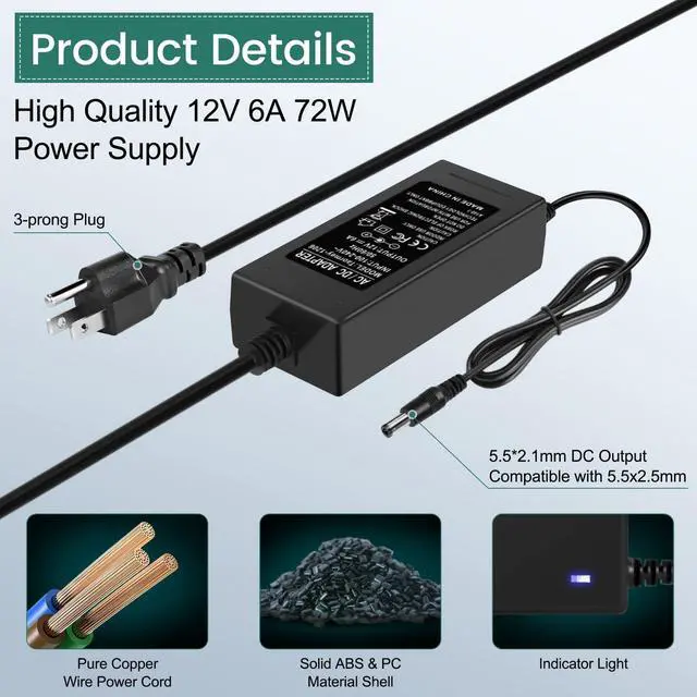 Alt view image 3 of 7 - 12V Power Supply 6A 72W AC/DC Adapter, AC 100-240V to DC 12 Volt 6 Amp Power Converter Low Voltage Transformer with 5.5 x 2.1mm DC Tip for LED Strip Security CCTV Cameras Router LCD Monitor