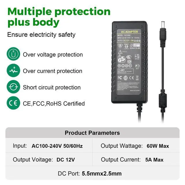 Alt view image 4 of 7 - 12V 5A Power Supply Adapter - LeTaoXing AC 100-240V 50/60Hz to DC 12V/5A 60W 12 Volt 5amp LED Driver Transformers Universal Switching for LED Strip Light CCTV Cameras