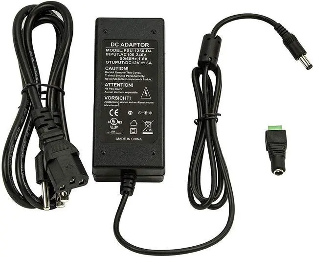 Main image of 12V 5A AC to DC Power Adapter, UL Listed, 60W 100-220V to 12 Volt 5 Amp Transformer for Security Camera System, Flexible LED Tape Strip Light, 3 Foot Cord