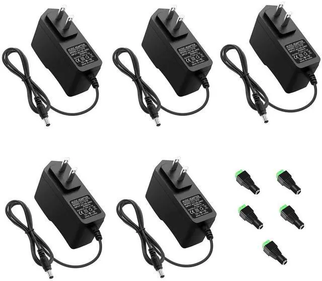 Main image of 12V 1A Power Supply AC Adapter 100-240V 50-60Hz to DC 12 Volt Transformer 12W Replacement Power Cord 5.5 x 2.5mm/2.1mm Tip for CCTV Security Camera DVR NVR System Router LED Strip (5 Pack)