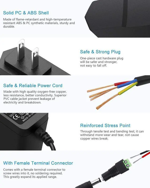 Alt view image 5 of 7 - 12V 1A Power Supply AC Adapter 100-240V 50-60Hz to DC 12 Volt Transformer 12W Replacement Power Cord 5.5 x 2.5mm/2.1mm Tip for CCTV Security Camera DVR NVR System Router LED Strip (5 Pack)