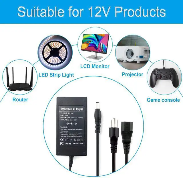 Alt view image 6 of 6 - 12V 5A 60W Power Supply, AC Adapter 100-240V to DC 12 Volt 5Amp Transformers Power Converter 2.1mm X 5.5mm DC Plug LED Driver for 12V LED Light, 3D Printer, CCTV Camera, Router