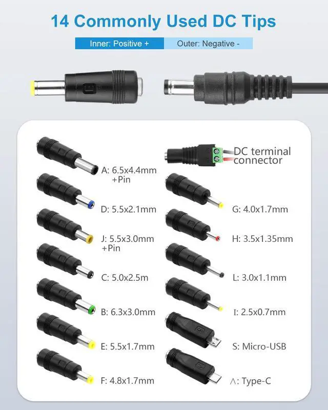 Alt view image 3 of 7 - 12V Power Supply 5A AC Adapter 100~240V 50-60hz 12 Volt 5 Amps Transformer 6.2FT with 14 Tips for LED Light CCTV Security Camera Speaker Router 12V Sceptre Monitor Power Cord