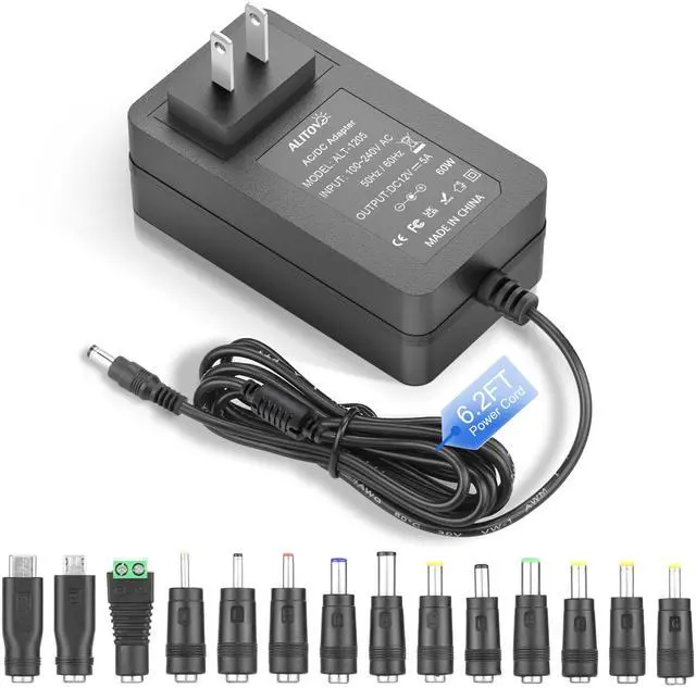 Main image of 12V Power Supply 5A AC Adapter 100~240V 50-60hz 12 Volt 5 Amps Transformer 6.2FT with 14 Tips for LED Light CCTV Security Camera Speaker Router 12V Sceptre Monitor Power Cord