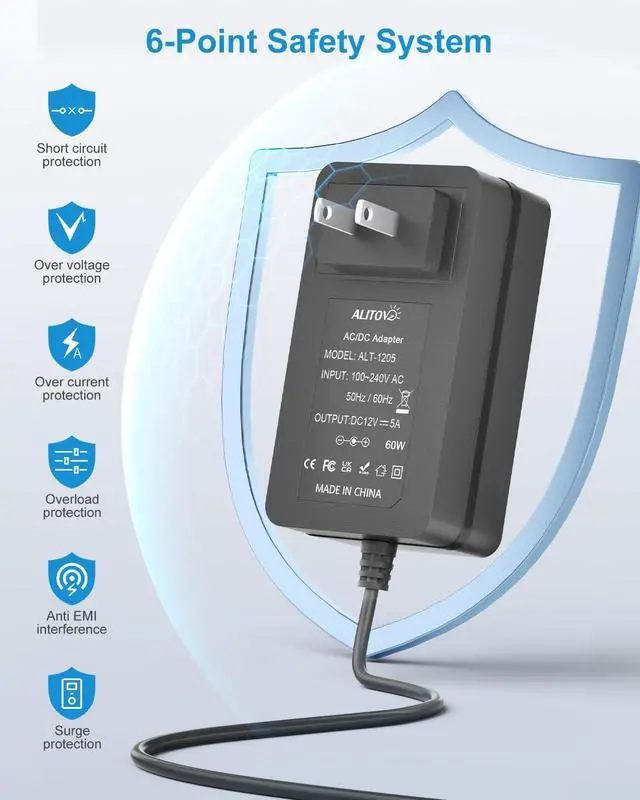 Alt view image 7 of 7 - 12V Power Supply 5A AC Adapter 100~240V 50-60hz 12 Volt 5 Amps Transformer 6.2FT with 14 Tips for LED Light CCTV Security Camera Speaker Router 12V Sceptre Monitor Power Cord