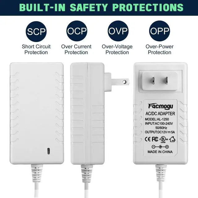 Alt view image 3 of 7 - 60W 12V 5A Power Adapter, AC 100-240V to DC 12V 5000mA Wall Adapter, 12 Volt Power Supply Module 5 Amp, 60W Switching Transformer AC to DC Converter, Compatible Both 5.5x2.5mm & 5.5x2.1mm Plug