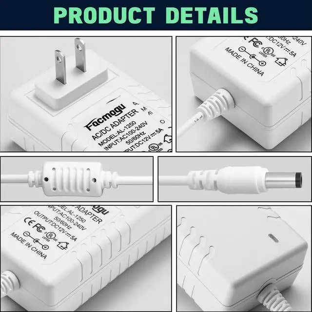 Alt view image 2 of 7 - 60W 12V 5A Power Adapter, AC 100-240V to DC 12V 5000mA Wall Adapter, 12 Volt Power Supply Module 5 Amp, 60W Switching Transformer AC to DC Converter, Compatible Both 5.5x2.5mm & 5.5x2.1mm Plug