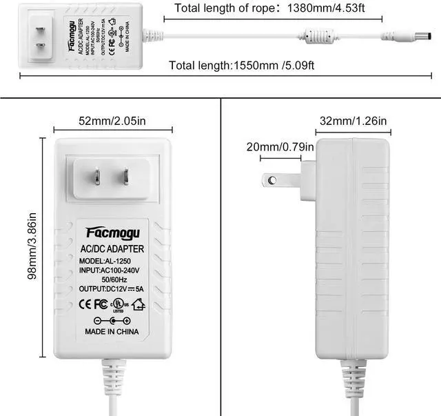 Alt view image 6 of 7 - 60W 12V 5A Power Adapter, AC 100-240V to DC 12V 5000mA Wall Adapter, 12 Volt Power Supply Module 5 Amp, 60W Switching Transformer AC to DC Converter, Compatible Both 5.5x2.5mm & 5.5x2.1mm Plug