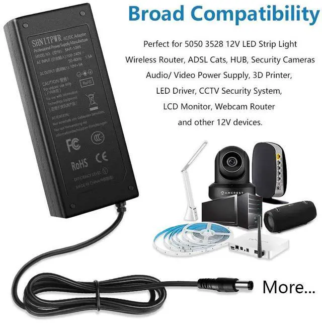 Alt view image 7 of 7 - 12V 5A 60W Power Supply Adapter AC DC Converter 100V~240V to 12 Volt 5 Amp Transformer 5.5x2.5mm Plug for 5050 3528 LED Strip Light 3D Printer LED Driver CCTV Security System LCD Monitor