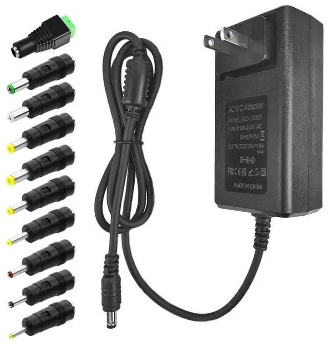 Main image of 12V 5A Power Supply Universal Adapter AC 100-240V to DC 12Volt 5A 4A 3.5A 3A Power Cord with 10 Tips (5.5x2.5mm/4.8x1.7mm) for LED Strip Lights, CCTV Cameras, Router, Modem & More