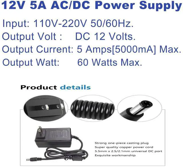 Alt view image 2 of 7 - 12V 5A Power Supply Universal Adapter AC 100-240V to DC 12Volt 5A 4A 3.5A 3A Power Cord with 10 Tips (5.5x2.5mm/4.8x1.7mm) for LED Strip Lights, CCTV Cameras, Router, Modem & More