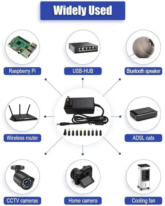 Alt view image 5 of 7 - 12V 5A Power Supply Universal Adapter AC 100-240V to DC 12Volt 5A 4A 3.5A 3A Power Cord with 10 Tips (5.5x2.5mm/4.8x1.7mm) for LED Strip Lights, CCTV Cameras, Router, Modem & More