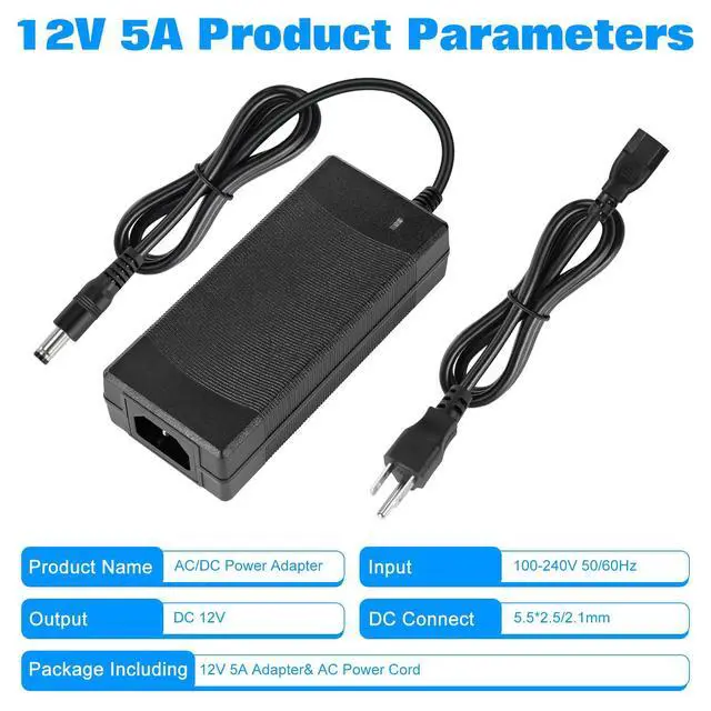 Alt view image 5 of 6 - Power Supply 12V 5A,AC 100-240V to DC12V 60W Converter Adapter Driver Transformer with 5.5mm x 2.5mm Jack, US Plug for Led Strips,LCD Monitors,CCTV Camera