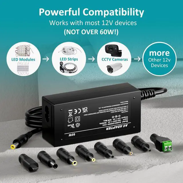 Alt view image 6 of 7 - 12V 5Amp Power Supply Adapter, AC 100-240V to DC 12Vdc 5A 3.5A 3A 2A 1A Replacement Power Cord Converter for LED Strip Light DVD Player CCTV Security Camera Sceptre Onn HP Dell AOC Monitor