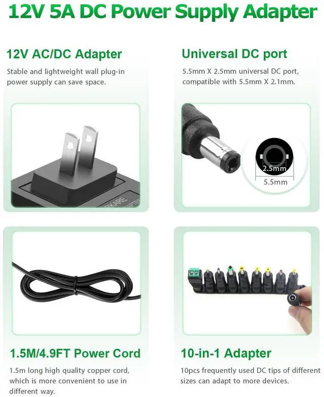 Alt view image 2 of 6 - 12V 5A Power Supply Adapter 60W AC 100-240V to DC 12V Power Cord with 5.5x2.5mm Jack for LED Strip Lights, 3D Printer CCTV Webcam Router with 10TIPS 4.9FT