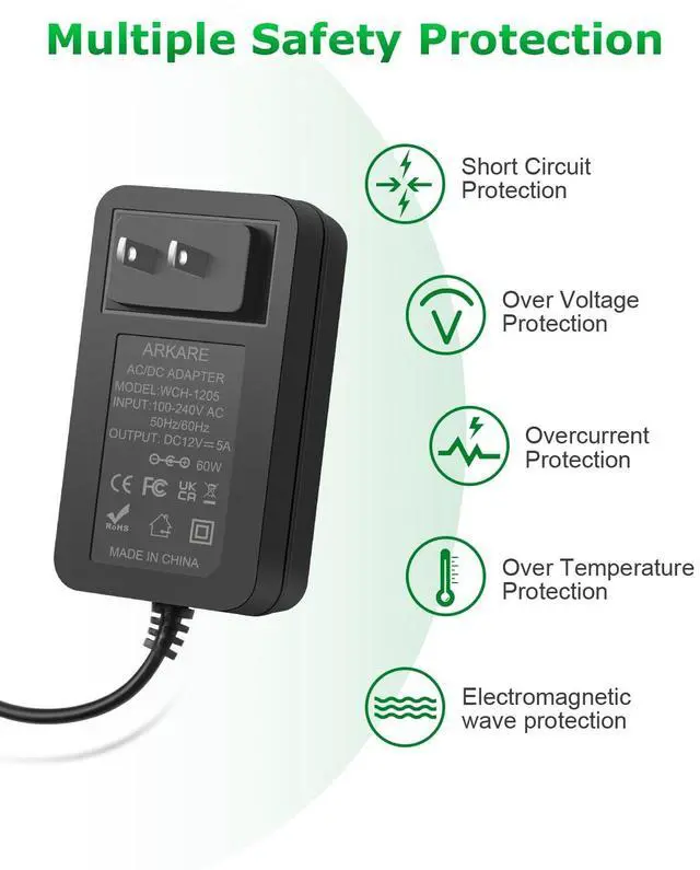 Alt view image 4 of 6 - 12V 5A Power Supply Adapter 60W AC 100-240V to DC 12V Power Cord with 5.5x2.5mm Jack for LED Strip Lights, 3D Printer CCTV Webcam Router with 10TIPS 4.9FT