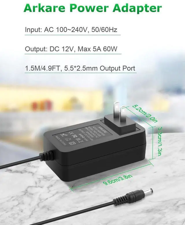 Alt view image 5 of 6 - 12V 5A Power Supply Adapter 60W AC 100-240V to DC 12V Power Cord with 5.5x2.5mm Jack for LED Strip Lights, 3D Printer CCTV Webcam Router with 10TIPS 4.9FT