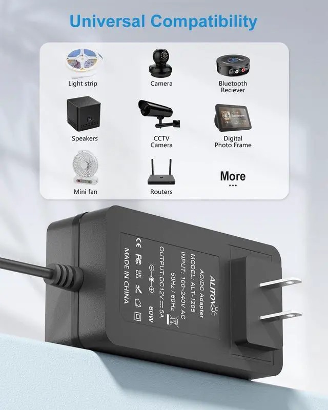 Alt view image 7 of 7 - 12V DC Power Supply 5A AC Adapter 100-240V 50-60Hz 12 Volt Transformer Converter 5 Amp 4A 3A with 5.5 x 2.5mm 2.1mm Plug for LED Strip Light CCTV Security Camera PC Monitor Router, 6.2FT