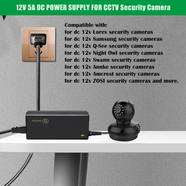 Alt view image 2 of 7 - Camera Security System 12V 5A Power Supply Adapter with 8-Way Power Splitter Cable, Compatible with 12 Volt 5A 4A 3A Lorex, Swann, Night Owl, Annke, Q-See Security Camera Systems.