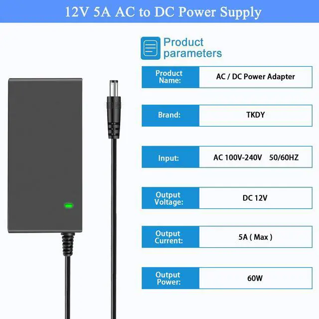 Alt view image 2 of 7 - 12V 5A DC Power Supply 100-240V AC Adapter 60W Transformer for DC 12 Volt 5Amp LCD Monitor, 12Vdc LED Light Strip, Router, CCTV Camera Security System, with 5.5x2.5mm Tip and 8 Plug,