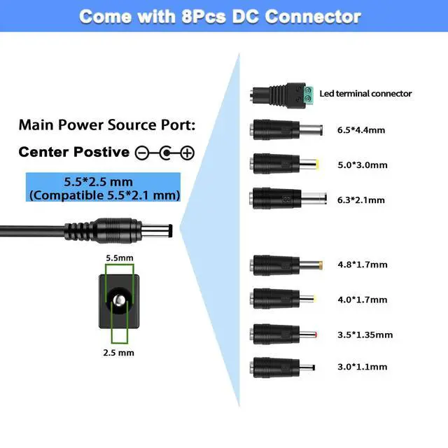Alt view image 3 of 7 - 12V 5A DC Power Supply 100-240V AC Adapter 60W Transformer for DC 12 Volt 5Amp LCD Monitor, 12Vdc LED Light Strip, Router, CCTV Camera Security System, with 5.5x2.5mm Tip and 8 Plug,
