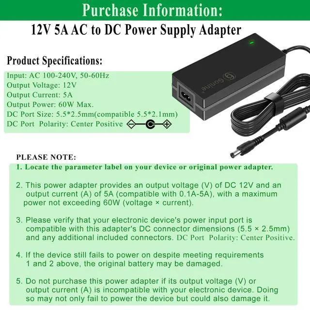 Alt view image 2 of 7 - 12V 5A Power Supply Adapter for 12 Volt LED Light Strips LCD Monitor CCTV Camera Security System Router. AC 100-240V to DC 12V 60W Converter Cord with 8 Tips.