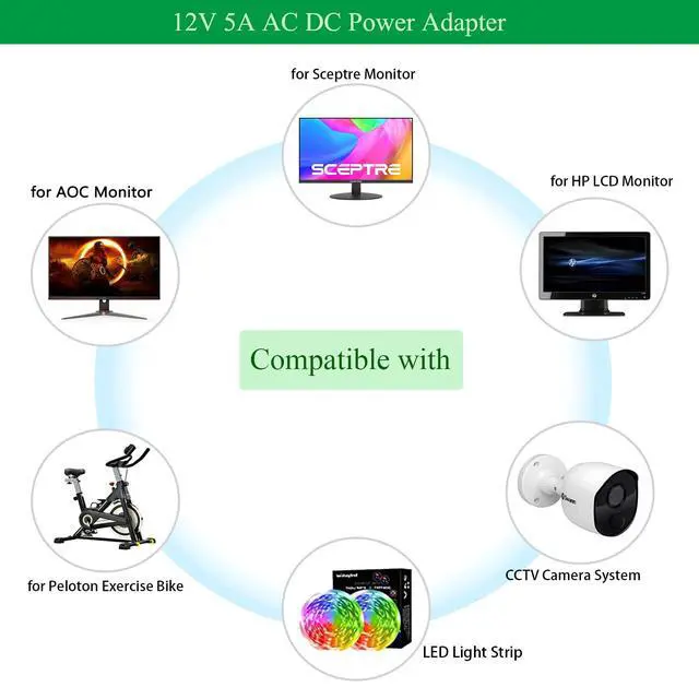 Alt view image 3 of 7 - 12V 5A Power Supply Adapter for 12 Volt LED Light Strips LCD Monitor CCTV Camera Security System Router. AC 100-240V to DC 12V 60W Converter Cord with 8 Tips.