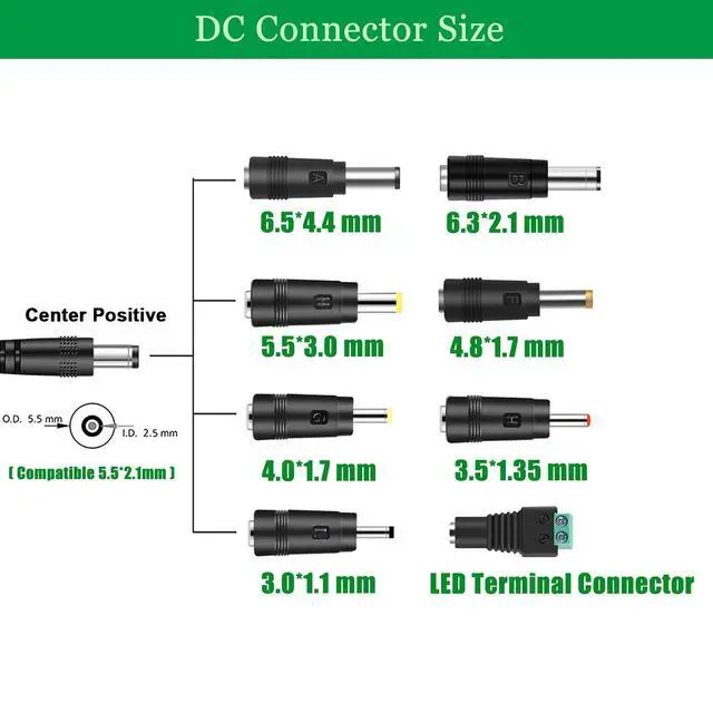 Alt view image 4 of 7 - 12V 5A Power Supply Adapter for 12 Volt LED Light Strips LCD Monitor CCTV Camera Security System Router. AC 100-240V to DC 12V 60W Converter Cord with 8 Tips.