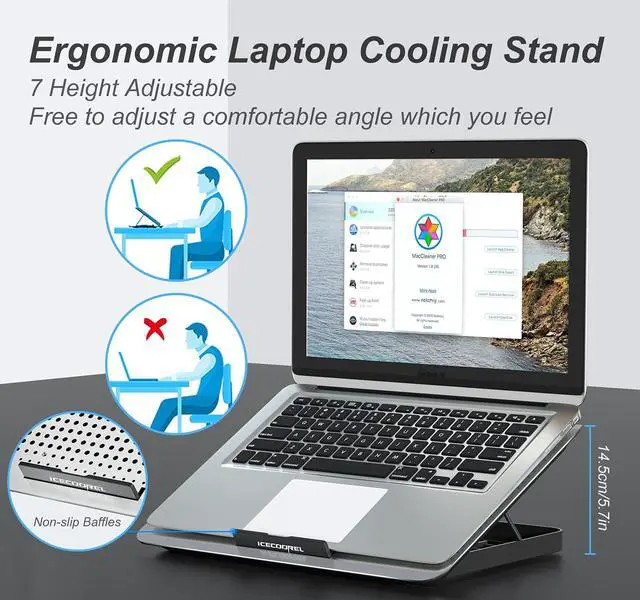 Alt view image 3 of 7 - Aluminum Laptop Cooling Pad, Laptop Cooler Stand with 7 Height Adjustable, Laptop Fan Cooling Pad for Laptop 12-15.6 Inch, Notebook Cooler Pad with Two USB Port (Silver)