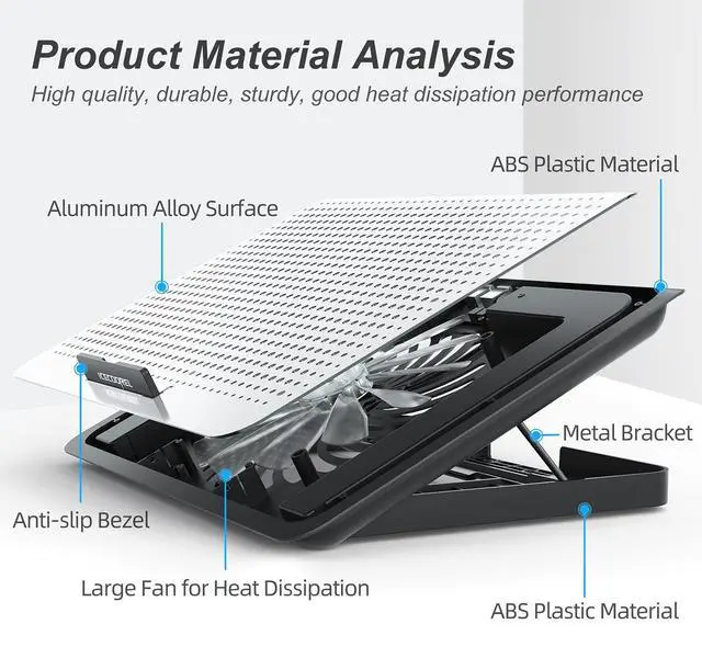 Alt view image 6 of 7 - Aluminum Laptop Cooling Pad, Laptop Cooler Stand with 7 Height Adjustable, Laptop Fan Cooling Pad for Laptop 12-15.6 Inch, Notebook Cooler Pad with Two USB Port (Silver)