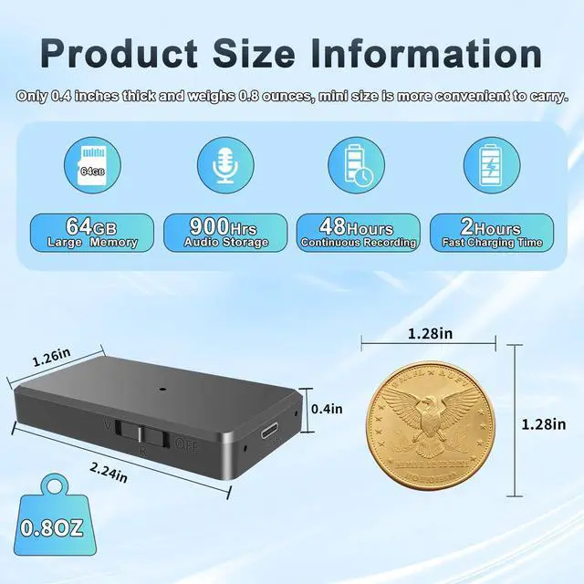 Alt view image 3 of 7 - Voice Recorder - 64GB Mini Voice Recorder - Noise Cancellation Voice Activated Functionality, Rechargeable Audio Recorder with Earphone, Portable USB-C Recording Device for Work, Meetings, Interview