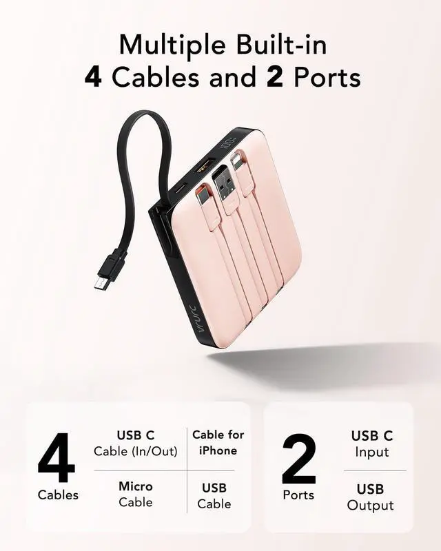 Alt view image 2 of 7 - 20000mAh Power Bank Built-in Cables, Travel Essentials, Portable Charger 22.5W Fast Charging USB C Battery Pack, Phone Battery for iPhone 17 15 14 13 12 11 x Samsung Android Phone,Pink(1 Pack)