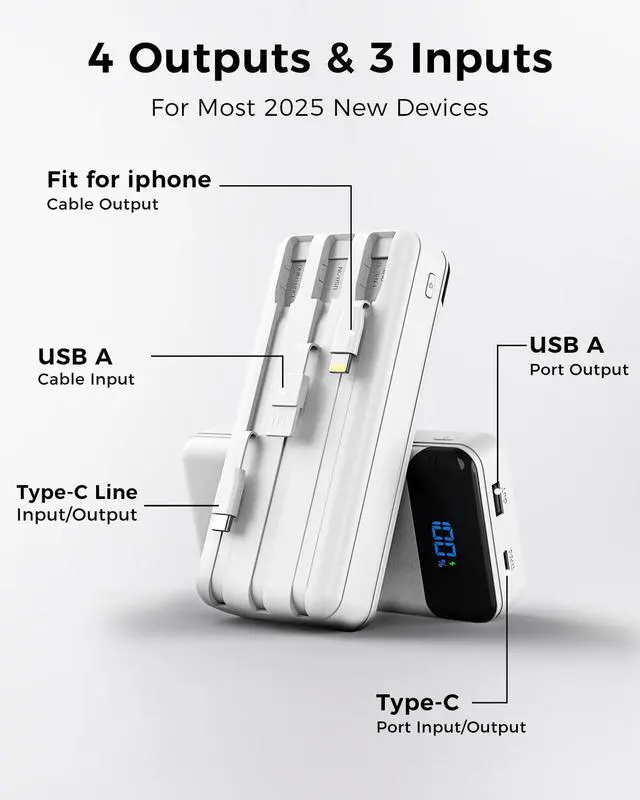 Alt view image 7 of 7 - Portable Charger 40000mAh Power Bank Built-in Cable Battery Pack, PD 22.5W Fast Charging Portable Phone Charger 4 Output 3 Input, Compatible with iPhone 16 15 14 13 Samsung Google iPad (White)