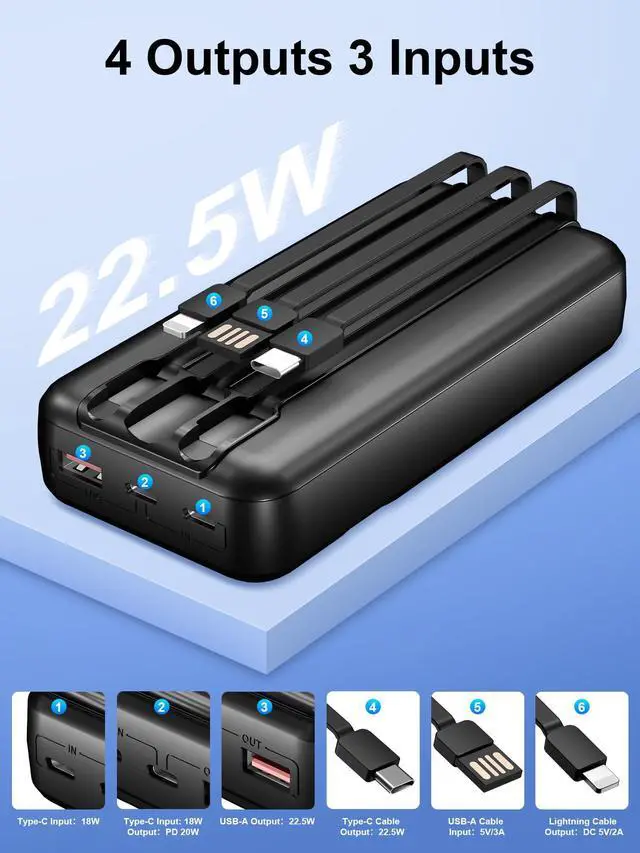 Alt view image 2 of 7 - Power-Bank-Portable-Charger 49800mAh Portable Phone Charger Power Bank with 3 Built-in Cable(USB-C, iOS, USB-A), 22.5W Fast Charging LED Display External Battery Pack for iPhone Android Samsung, etc