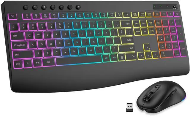 Main image of Wireless Keyboard and Mouse Combo, 9 Backlit Effects, Rechargeable 4000mAh Backlit Keyboard with Wrist Rest, 6 Button Mouse, 2.4G Full Size Quiet Keyboard Set for Computer, PC, Laptop, Mac, Windows