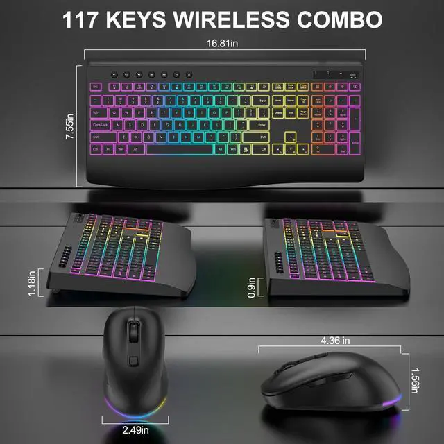 Alt view image 4 of 7 - Wireless Keyboard and Mouse Combo, 9 Backlit Effects, Rechargeable 4000mAh Backlit Keyboard with Wrist Rest, 6 Button Mouse, 2.4G Full Size Quiet Keyboard Set for Computer, PC, Laptop, Mac, Windows