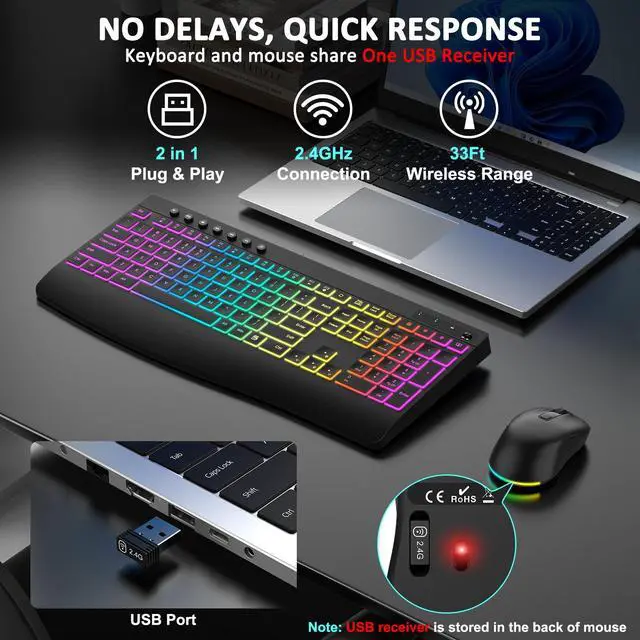 Alt view image 5 of 7 - Wireless Keyboard and Mouse Combo, 9 Backlit Effects, Rechargeable 4000mAh Backlit Keyboard with Wrist Rest, 6 Button Mouse, 2.4G Full Size Quiet Keyboard Set for Computer, PC, Laptop, Mac, Windows