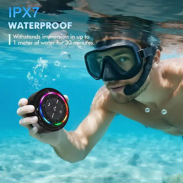 Alt view image 5 of 7 - Bluetooth Shower Speakers,Waterproof Bluetooth Speaker with RGB Lights IPX7 Waterproof Wireless Speaker with Suction Cup HD Sound Pairs to Phones,Tablets, for Bathrooms,Outdoor,Party,Beach
