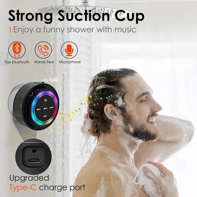 Alt view image 4 of 7 - Shower Speaker, Upgraded,Certified IPX7 Waterproof, Mini Bluetooth Wireless Small Speaker with Lights, Suction Cup and Mic for Bathroom, Crystal Sound&Bass,12H Playtime, Ideal Electronic Gifts