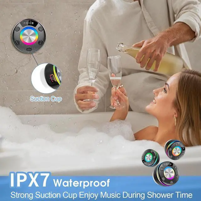 Alt view image 6 of 7 - Bluetooth Shower Speaker, Portable Bluetooth Speaker 360° HD Sound, RGB Lights, IPX7 Waterproof Wireless Speaker with Suction Cup and Mic, Shower Radio for Party/Outdoor/Travel/Gifts/Black