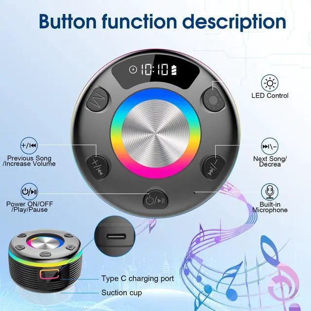 Alt view image 7 of 7 - Bluetooth Shower Speaker, Portable Bluetooth Speaker 360° HD Sound, RGB Lights, IPX7 Waterproof Wireless Speaker with Suction Cup and Mic, Shower Radio for Party/Outdoor/Travel/Gifts/Black
