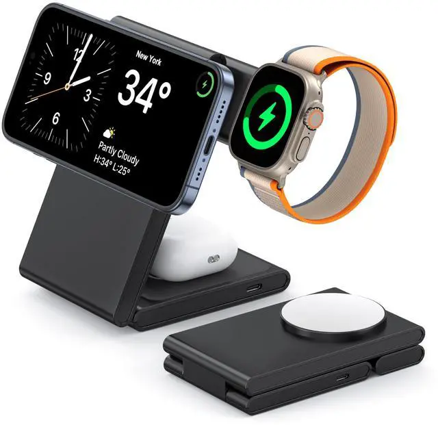 Main image of 3 in 1 Wireless Charging Station for Multiple Devices, Fast Foldable Travel Mag-Safe Stand for iPhone 17/16/15/14/13 Series, Magnetic Charger for Apple Watch 11/10/Ultra 3/2/AirPods 4 with 20W Adapter