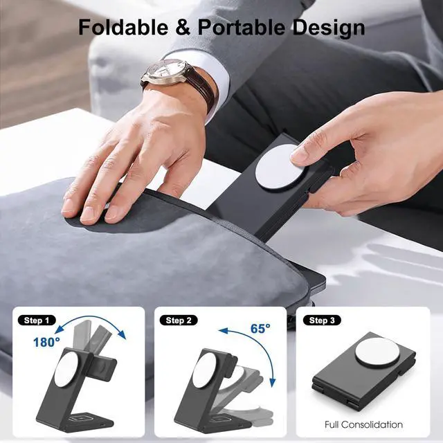 Alt view image 6 of 7 - 3 in 1 Wireless Charging Station for Multiple Devices, Fast Foldable Travel Mag-Safe Stand for iPhone 17/16/15/14/13 Series, Magnetic Charger for Apple Watch 11/10/Ultra 3/2/AirPods 4 with 20W Adapter