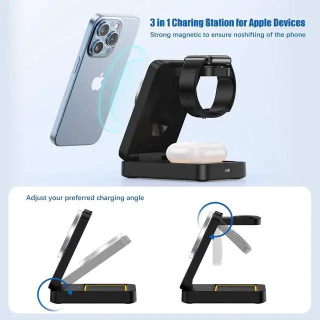 Alt view image 3 of 7 - 3 in 1 Wireless Charger Station for Multiple Apple Devices, Foldable Magnetic MagSafe Charging Stand, Portable Fast Travel Charger for iPhone 17/16/15/14/13/12/11 Pro Max/Apple Watch Series/Airpods