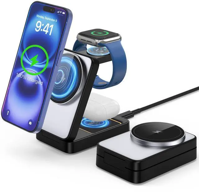 Main image of 3 in 1 Wireless Charger Station for Multiple Apple Devices, Foldable Magnetic MagSafe Charging Stand, Portable Fast Travel Charger for iPhone 17/16/15/14/13/12/11 Pro Max/Apple Watch Series/Airpods